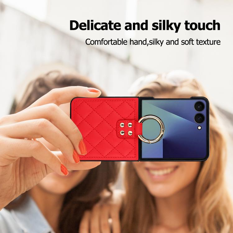 For Samsung Galaxy Z Flip7 5G Rhombic Texture Ring Holder PU Phone Case