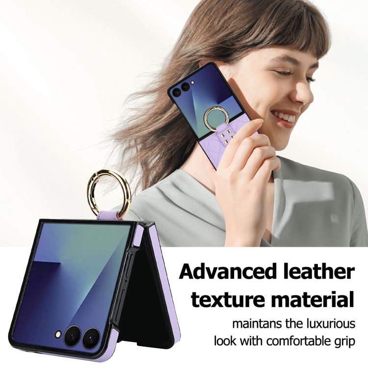 For Samsung Galaxy Z Flip7 5G Rhombic Texture Ring Holder PU Phone Case
