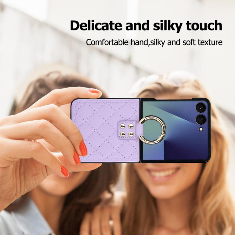 For Samsung Galaxy Z Flip7 5G Rhombic Texture Ring Holder PU Phone Case