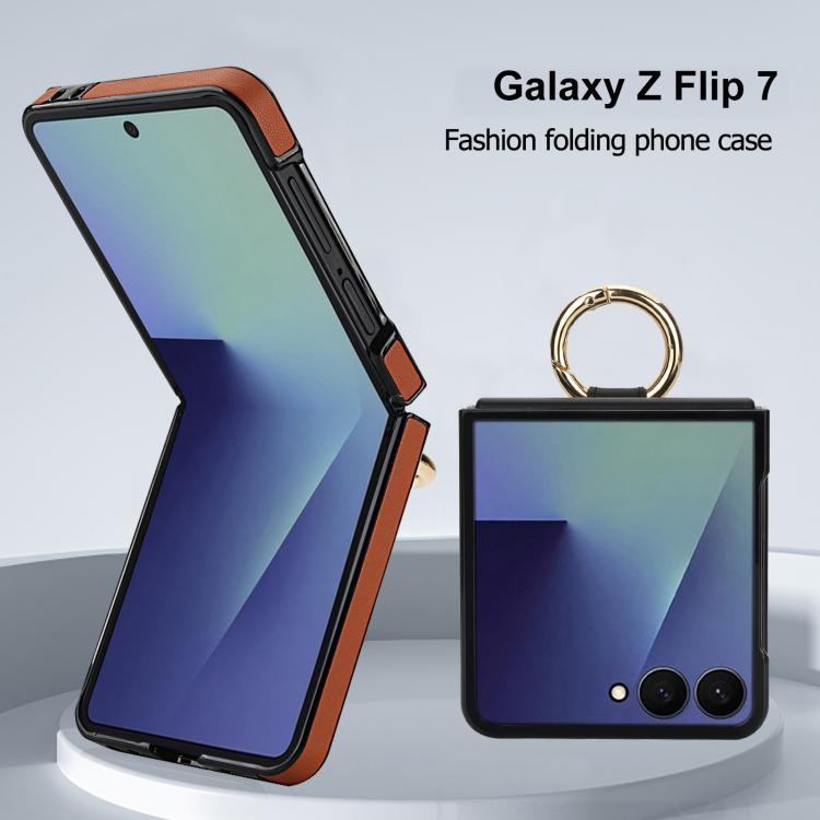 For Samsung Galaxy Z Flip7 5G Rhombic Texture Ring Holder PU Phone Case