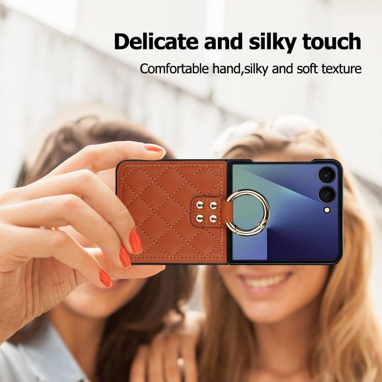 For Samsung Galaxy Z Flip7 5G Rhombic Texture Ring Holder PU Phone Case