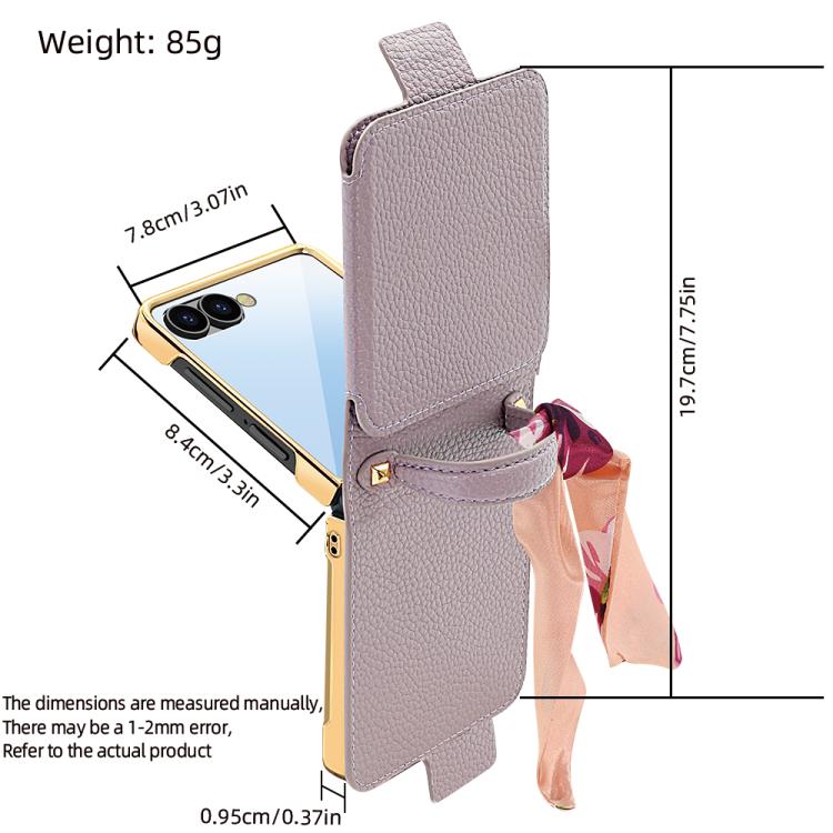 For Samsung Galaxy Z Flip7 Litchi Pattern Makeup Mirror PU Phone Case with Silk Scarf