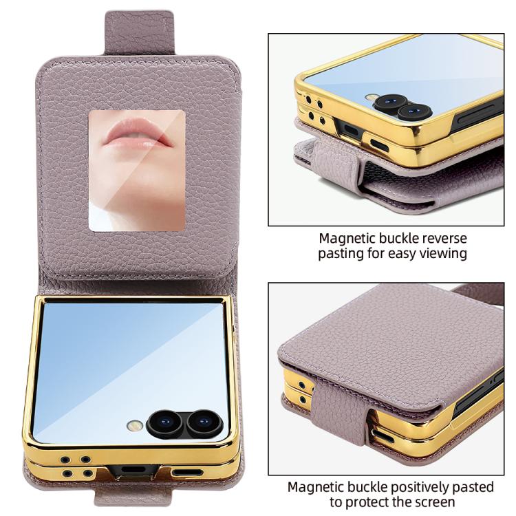 For Samsung Galaxy Z Flip7 Litchi Pattern Makeup Mirror PU Phone Case with Silk Scarf
