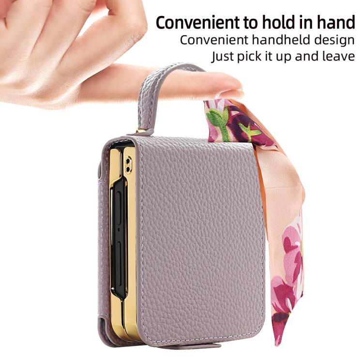 For Samsung Galaxy Z Flip7 Litchi Pattern Makeup Mirror PU Phone Case with Silk Scarf