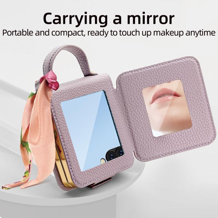 For Samsung Galaxy Z Flip7 Litchi Pattern Makeup Mirror PU Phone Case with Silk Scarf