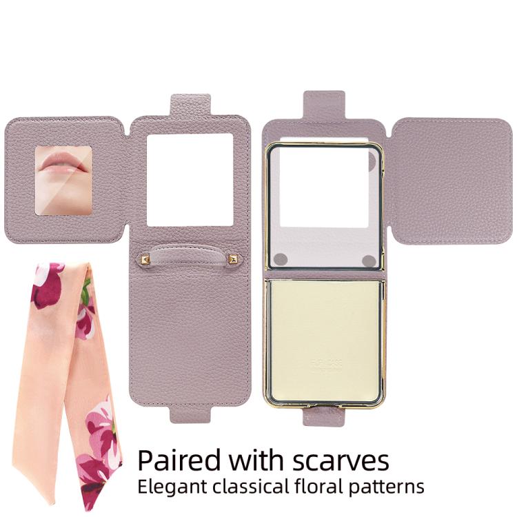 For Samsung Galaxy Z Flip7 Litchi Pattern Makeup Mirror PU Phone Case with Silk Scarf