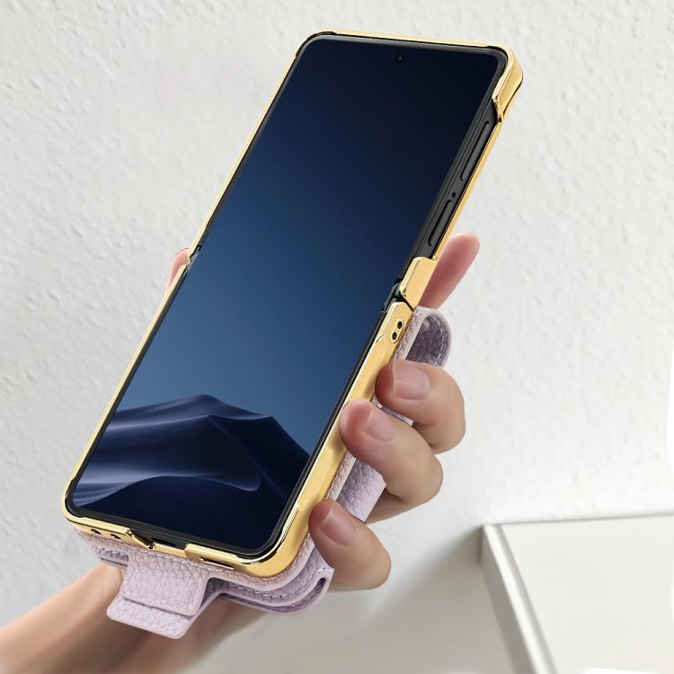 For Samsung Galaxy Z Flip7 Litchi Pattern Makeup Mirror PU Phone Case with Silk Scarf