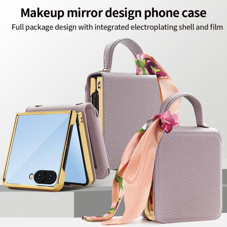 For Samsung Galaxy Z Flip7 Litchi Pattern Makeup Mirror PU Phone Case with Silk Scarf