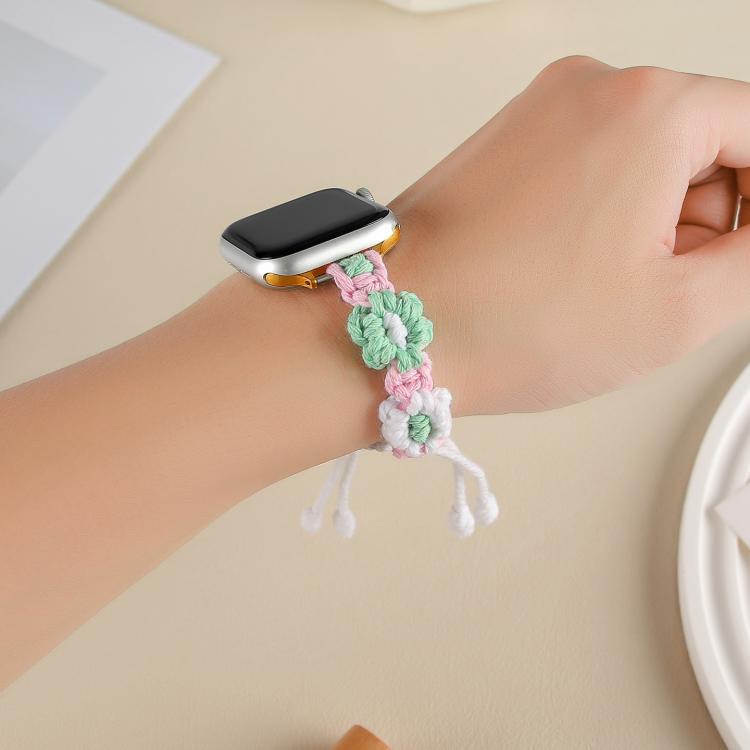 For Apple Watch 46mm / 49mm / 45mm / 44mm Hemp Rope Woven Flowers Drawstring Watch Band