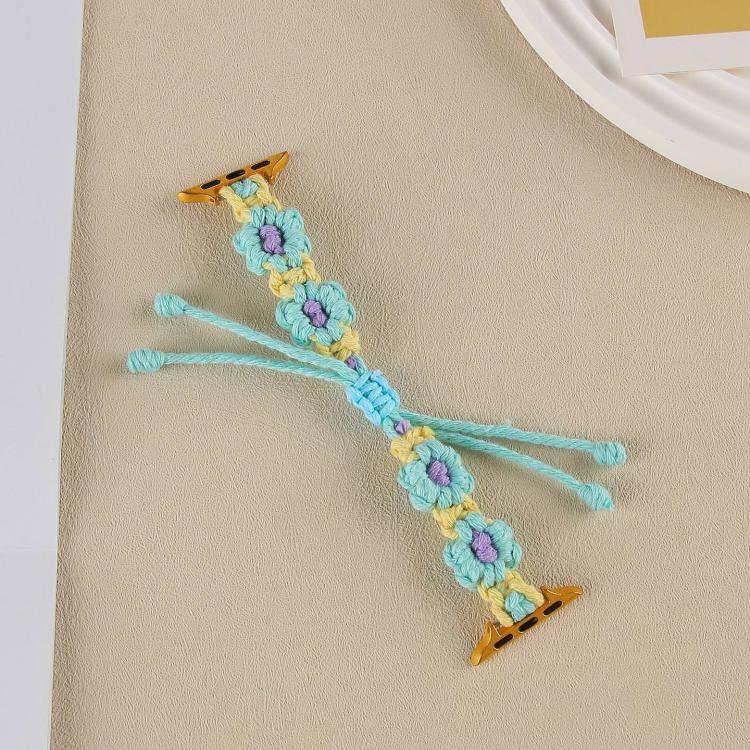 For Apple Watch 46mm / 49mm / 45mm / 44mm Hemp Rope Woven Flowers Drawstring Watch Band