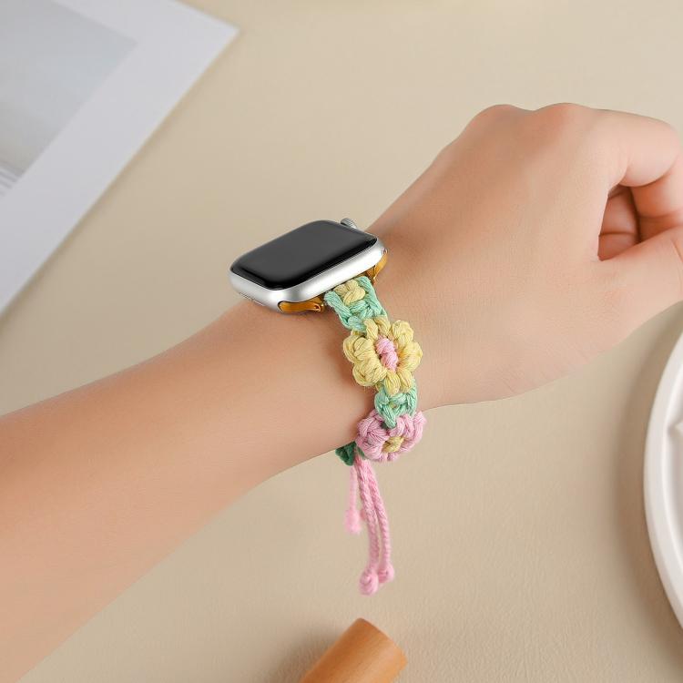 For Apple Watch 46mm / 49mm / 45mm / 44mm Hemp Rope Woven Flowers Drawstring Watch Band