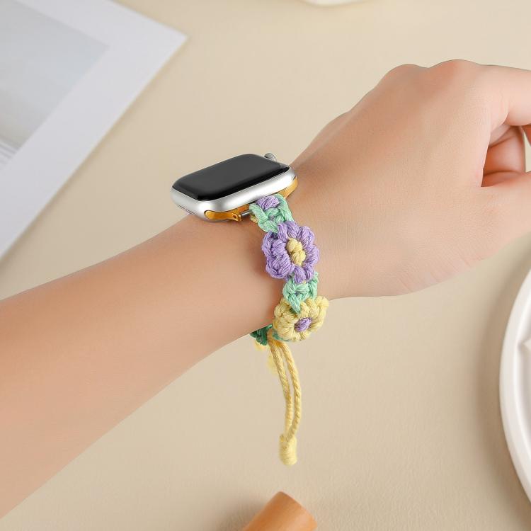 For Apple Watch 46mm / 49mm / 45mm / 44mm Hemp Rope Woven Flowers Drawstring Watch Band