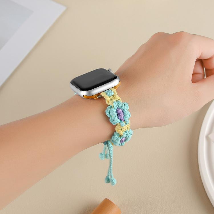 For Apple Watch 42mm / 41mm / 40mm / 38mm Hemp Rope Woven Flowers Drawstring Watch Band