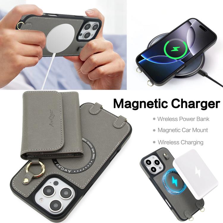 For iPhone 16 Pro Max AwQuer 2 in 1 Crossbody Wallet Leather Back Phone Case