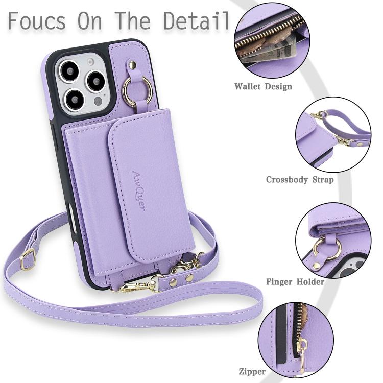 For iPhone 16 Pro Max AwQuer 2 in 1 Crossbody Wallet Leather Back Phone Case