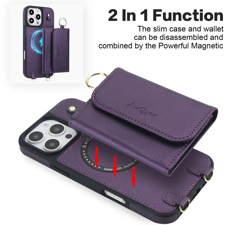 For iPhone 16 Pro Max AwQuer 2 in 1 Crossbody Wallet Leather Back Phone Case