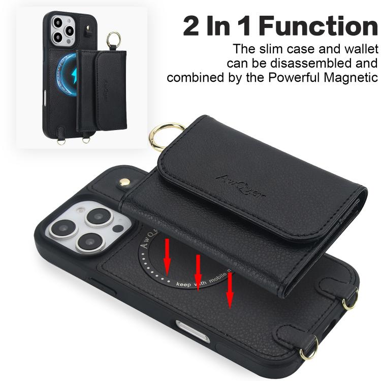 For iPhone 16 Pro AwQuer 2 in 1 Crossbody Wallet Leather Back Phone Case