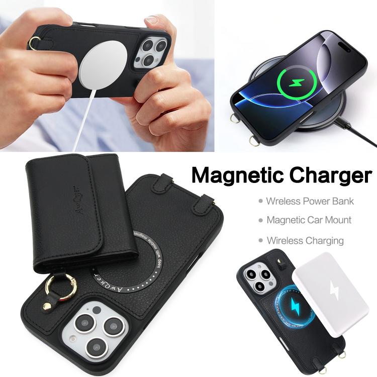 For iPhone 16 Pro AwQuer 2 in 1 Crossbody Wallet Leather Back Phone Case