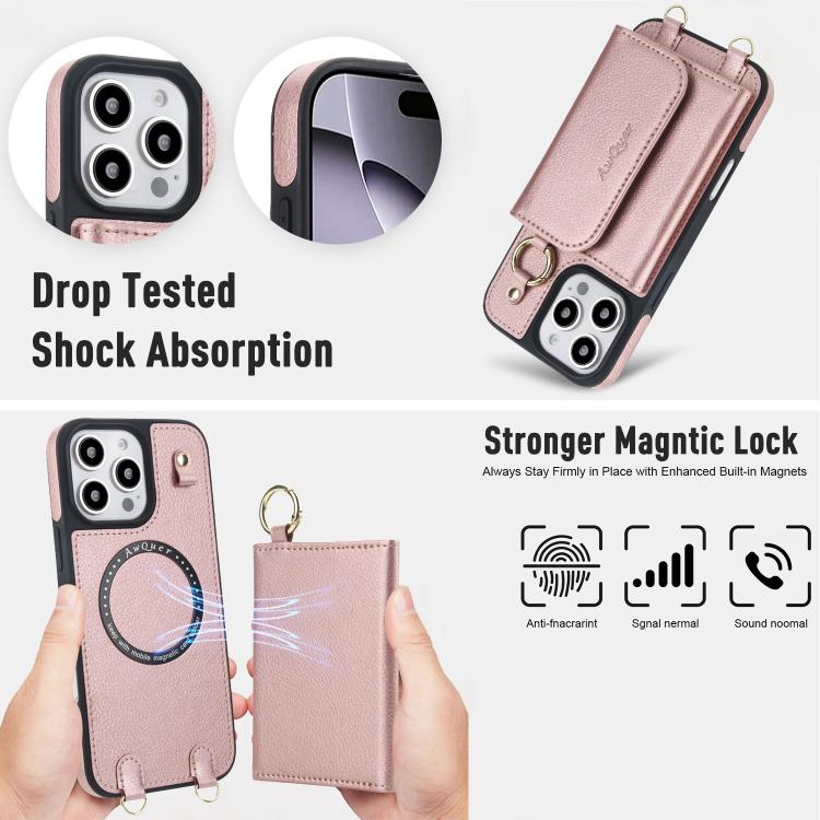 For iPhone 16 Pro AwQuer 2 in 1 Crossbody Wallet Leather Back Phone Case