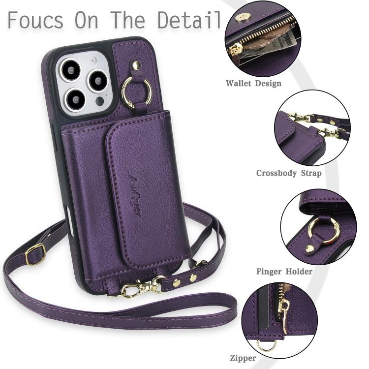 For iPhone 16 AwQuer 2 in 1 Crossbody Wallet Leather Back Phone Case