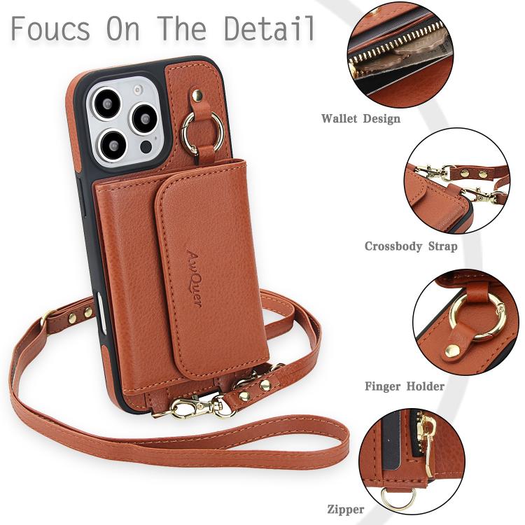 For iPhone 16 AwQuer 2 in 1 Crossbody Wallet Leather Back Phone Case