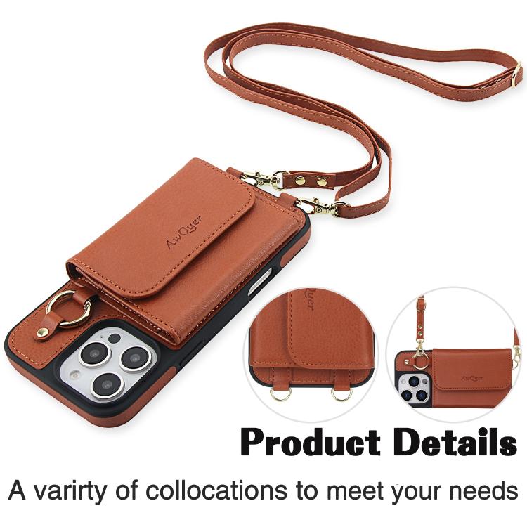 For iPhone 15 Pro AwQuer 2 in 1 Crossbody Wallet Leather Back Phone Case