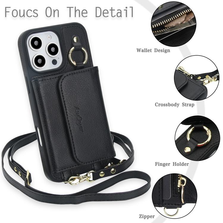 For iPhone 15 AwQuer 2 in 1 Crossbody Wallet Leather Back Phone Case