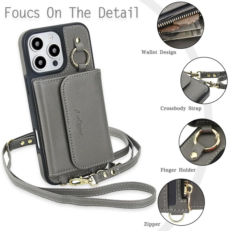 For iPhone 15 AwQuer 2 in 1 Crossbody Wallet Leather Back Phone Case