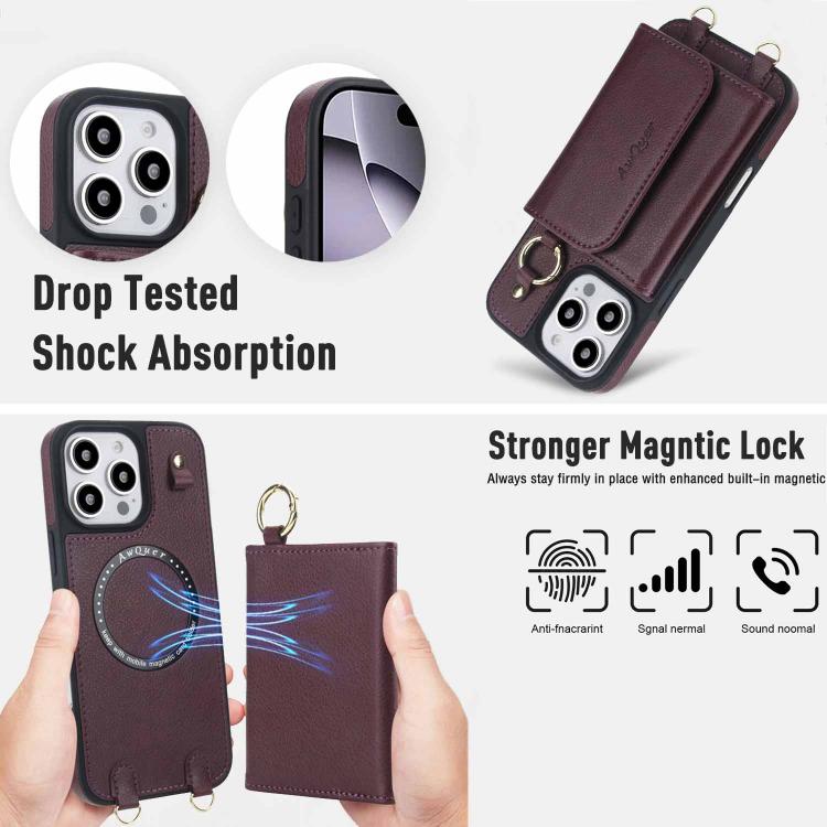 For iPhone 15 AwQuer 2 in 1 Crossbody Wallet Leather Back Phone Case