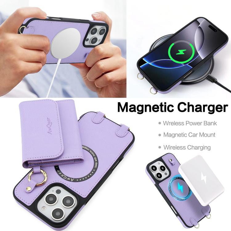 For iPhone 15 AwQuer 2 in 1 Crossbody Wallet Leather Back Phone Case