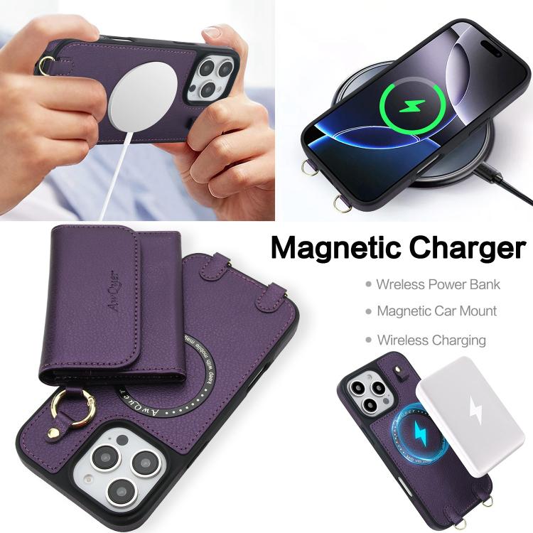For iPhone 15 AwQuer 2 in 1 Crossbody Wallet Leather Back Phone Case