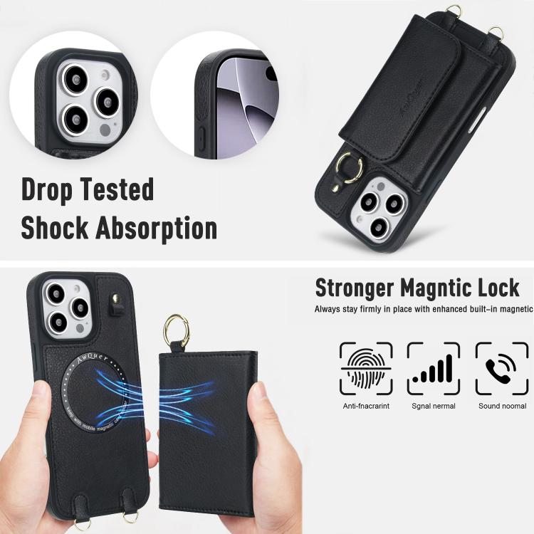For iPhone 14 Pro Max AwQuer 2 in 1 Crossbody Wallet Leather Back Phone Case