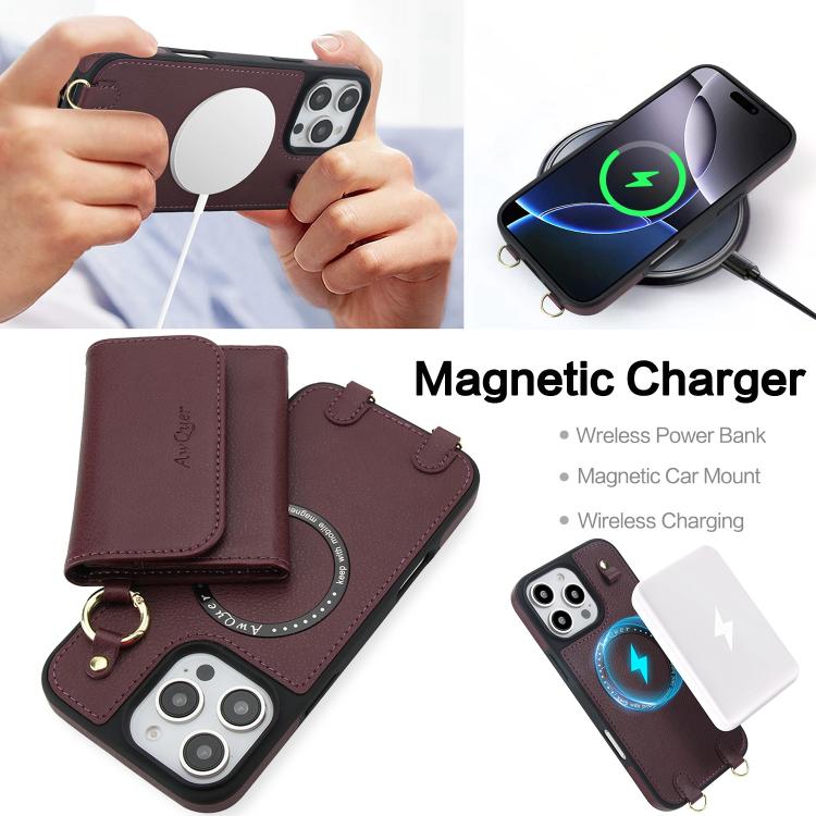 For iPhone 14 Pro Max AwQuer 2 in 1 Crossbody Wallet Leather Back Phone Case