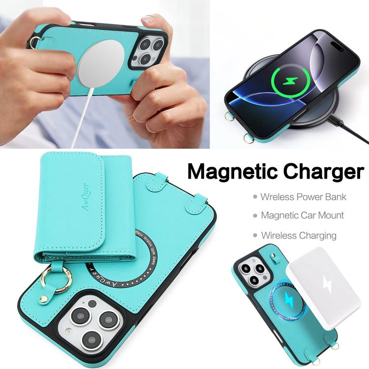 For iPhone 13 Pro Max AwQuer 2 in 1 Crossbody Wallet Leather Back Phone Case