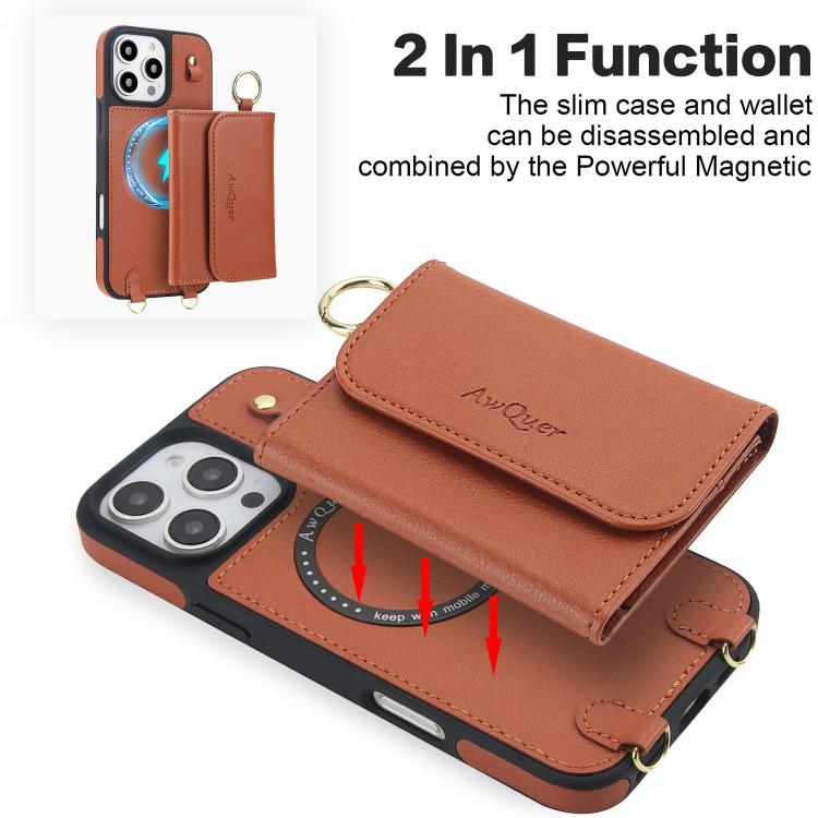 For iPhone 13 Pro Max AwQuer 2 in 1 Crossbody Wallet Leather Back Phone Case