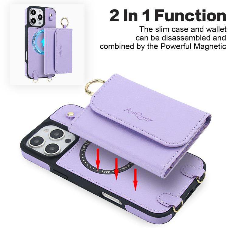 For iPhone 13 Pro AwQuer 2 in 1 Crossbody Wallet Leather Back Phone Case