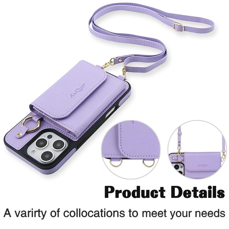 For iPhone 12 / 12 Pro AwQuer 2 in 1 Crossbody Wallet Leather Back Phone Case