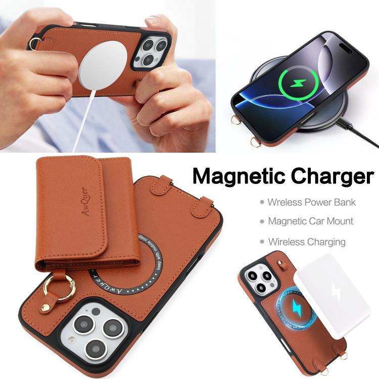For iPhone 12 / 12 Pro AwQuer 2 in 1 Crossbody Wallet Leather Back Phone Case