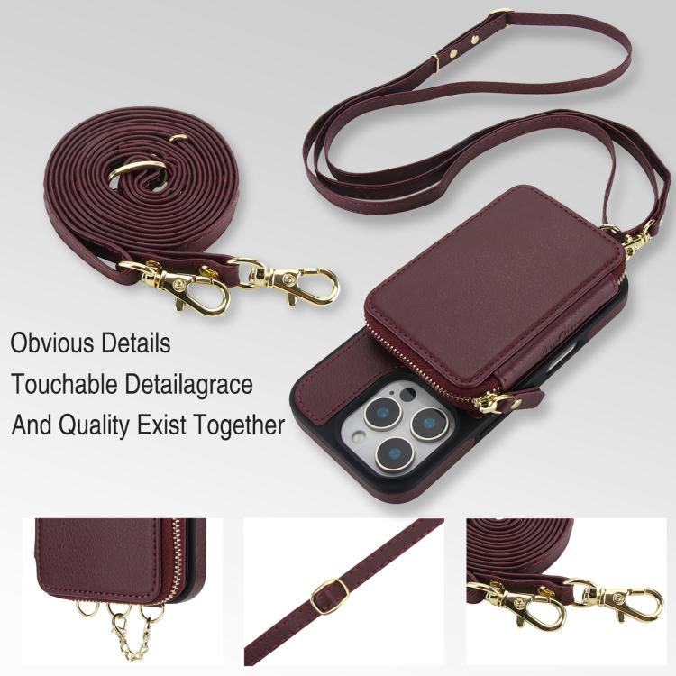 For iPhone 16 Pro Max AwQuer 2 in 1 Crossbody Zipper Wallet Leather Back Phone Case