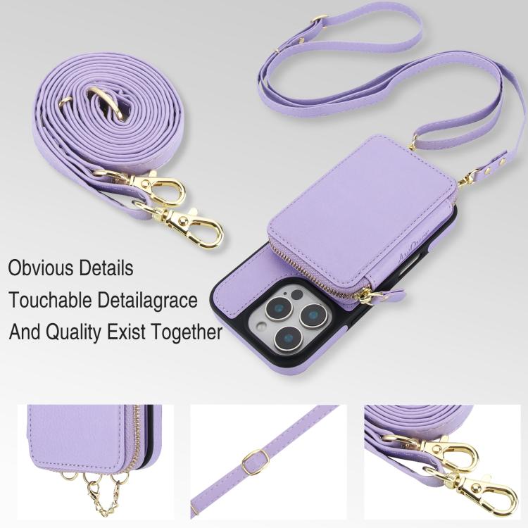 For iPhone 16 Pro Max AwQuer 2 in 1 Crossbody Zipper Wallet Leather Back Phone Case