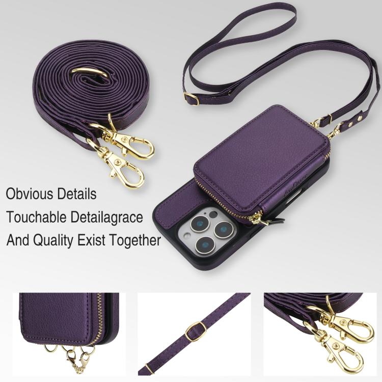 For iPhone 16 Pro Max AwQuer 2 in 1 Crossbody Zipper Wallet Leather Back Phone Case