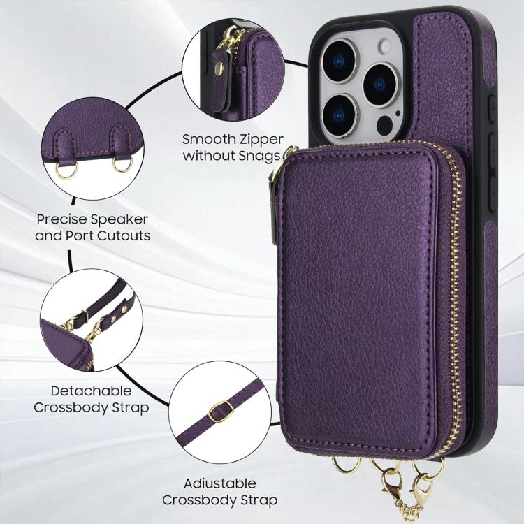 For iPhone 16 Pro Max AwQuer 2 in 1 Crossbody Zipper Wallet Leather Back Phone Case
