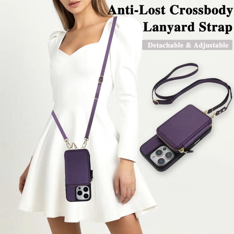 For iPhone 16 Pro Max AwQuer 2 in 1 Crossbody Zipper Wallet Leather Back Phone Case