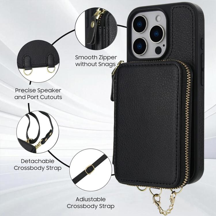 For iPhone 16 Pro AwQuer 2 in 1 Crossbody Zipper Wallet Leather Back Phone Case