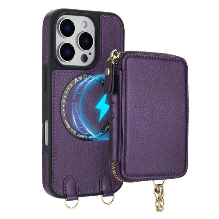 For iPhone 16 Plus AwQuer 2 in 1 Crossbody Zipper Wallet Leather Back Phone Case