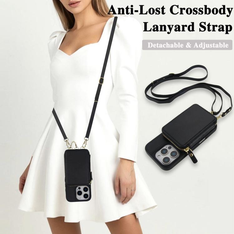 For iPhone 16 AwQuer 2 in 1 Crossbody Zipper Wallet Leather Back Phone Case