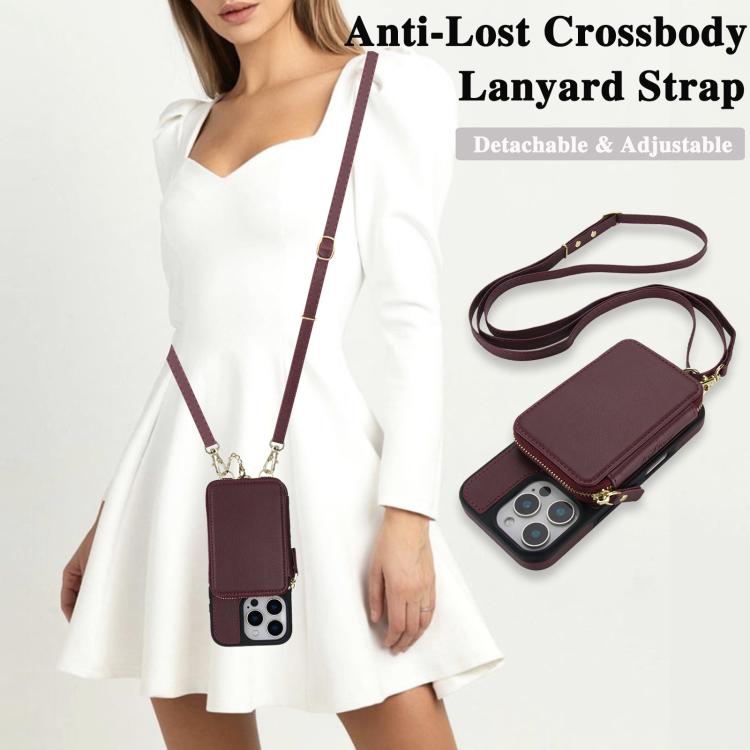 For iPhone 15 Pro Max AwQuer 2 in 1 Crossbody Zipper Wallet Leather Back Phone Case
