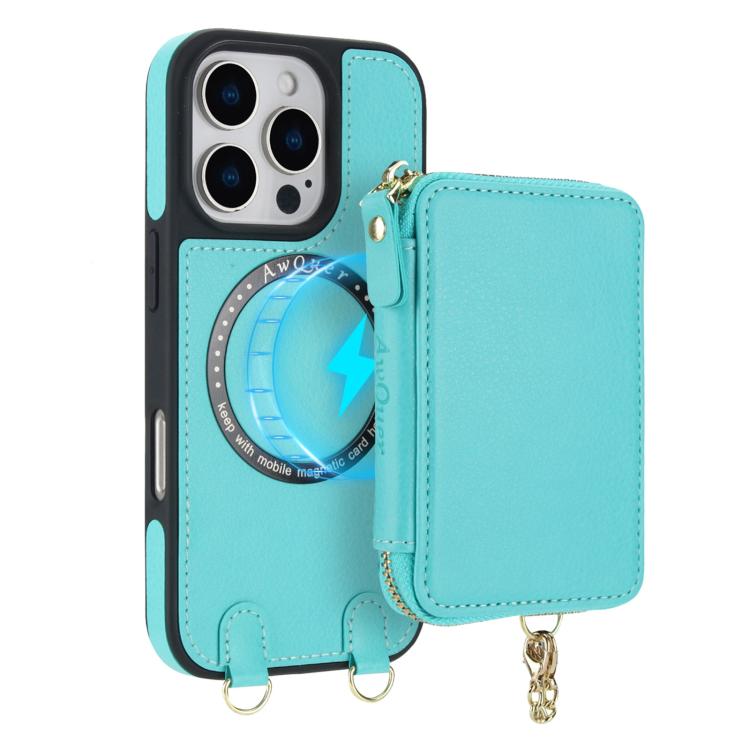 For iPhone 15 Pro Max AwQuer 2 in 1 Crossbody Zipper Wallet Leather Back Phone Case