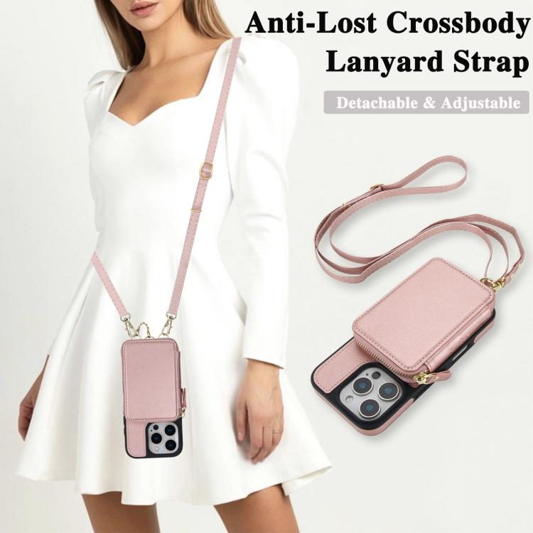 For iPhone 15 Pro Max AwQuer 2 in 1 Crossbody Zipper Wallet Leather Back Phone Case