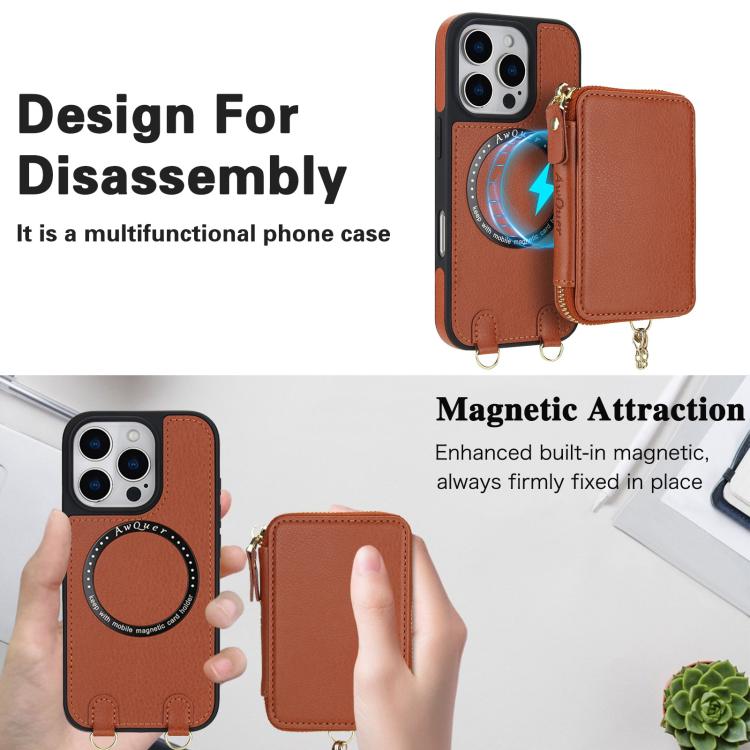 For iPhone 15 Pro Max AwQuer 2 in 1 Crossbody Zipper Wallet Leather Back Phone Case